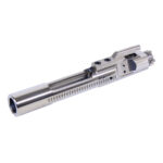 Polished bolt carrier group for firearms with intricate machining and safety features.