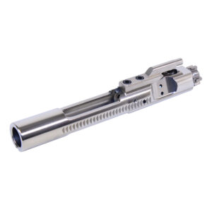 Polished bolt carrier group part for firearm, showcasing detailed engineering and functionality.