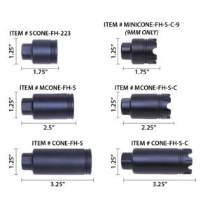 Assorted precision-engineered metallic cones with dimensions, suitable for firearms.