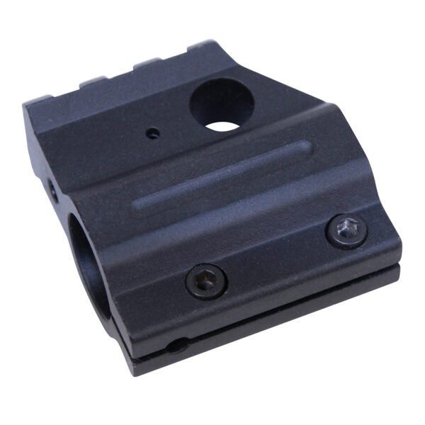 Black rectangular mechanical component with circular and rectangular apertures, screws, and matte finish.