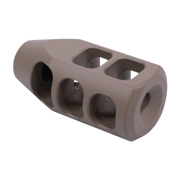 High-quality TANK9-FDE-G2 muzzle brake on white background, featuring advanced gas redirection ports.
