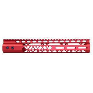 Red aluminum rifle handguard with Picatinny rail and cutouts for weight reduction and cooling.