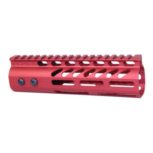 Red anodized aluminum rifle handguard with Picatinny rail and ventilation cutouts.