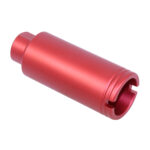 Red anodized cylindrical tool component with grooves and tapered design.