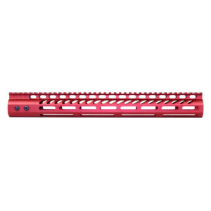 Red aluminum AR-15 handguard with Picatinny rail and ventilation cutouts.