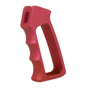 Ergonomic red handle with finger grooves and attachment slot.