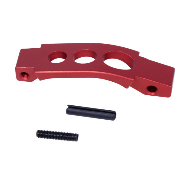 Red anodized metal bracket with cutouts and accompanying hardware on white background.