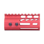 Red aluminum rifle handguard with Picatinny rail and ventilation cutouts.