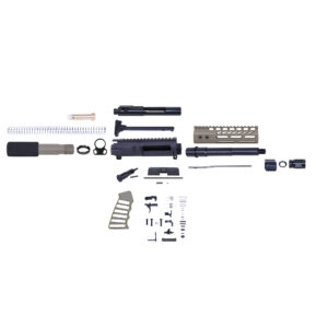 Disassembled rifle components layout on white background.