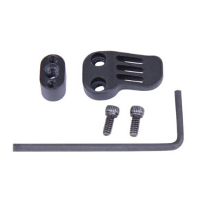 Small black metal assembly parts with prongs, screws, and an Allen wrench.