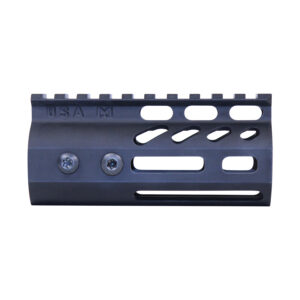 Modern matte black rifle handguard with rail and cutouts for accessories.