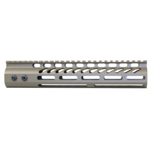 Tan aluminum firearm handguard with Picatinny rails and cooling slots.