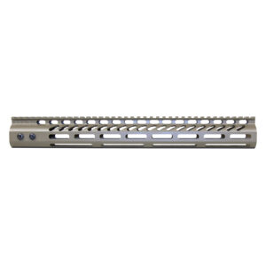 Tan aluminum rifle handguard with Picatinny rail and ventilation slots.