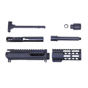 Parts of a modern sporting rifle upper receiver assembly on light background.