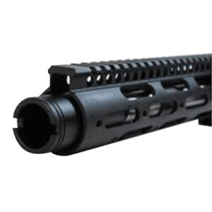 Close-up of modern rifles upper receiver with tactical handguard and Picatinny rail.