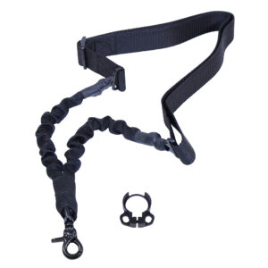 Black tactical sling with adjustable strap and bungee section for rifles or shotguns.