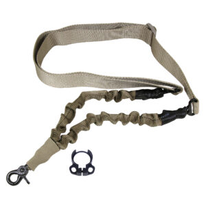 Tactical single-point sling with adjustable nylon strap, bungee section, metal clip, and quick-release.