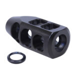 Modern TANK9-223-G2 muzzle brake with symmetrical ports and recoil reduction features.