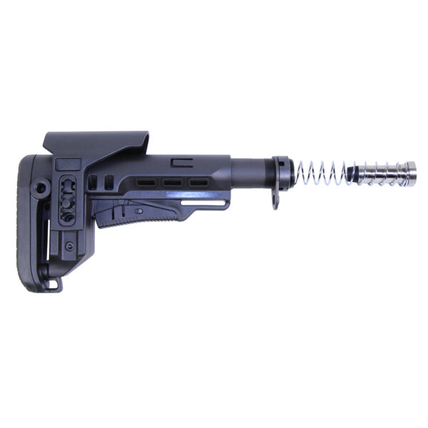 Adjustable MCS-308-R rifle stock with ergonomic padding and recoil buffer system.