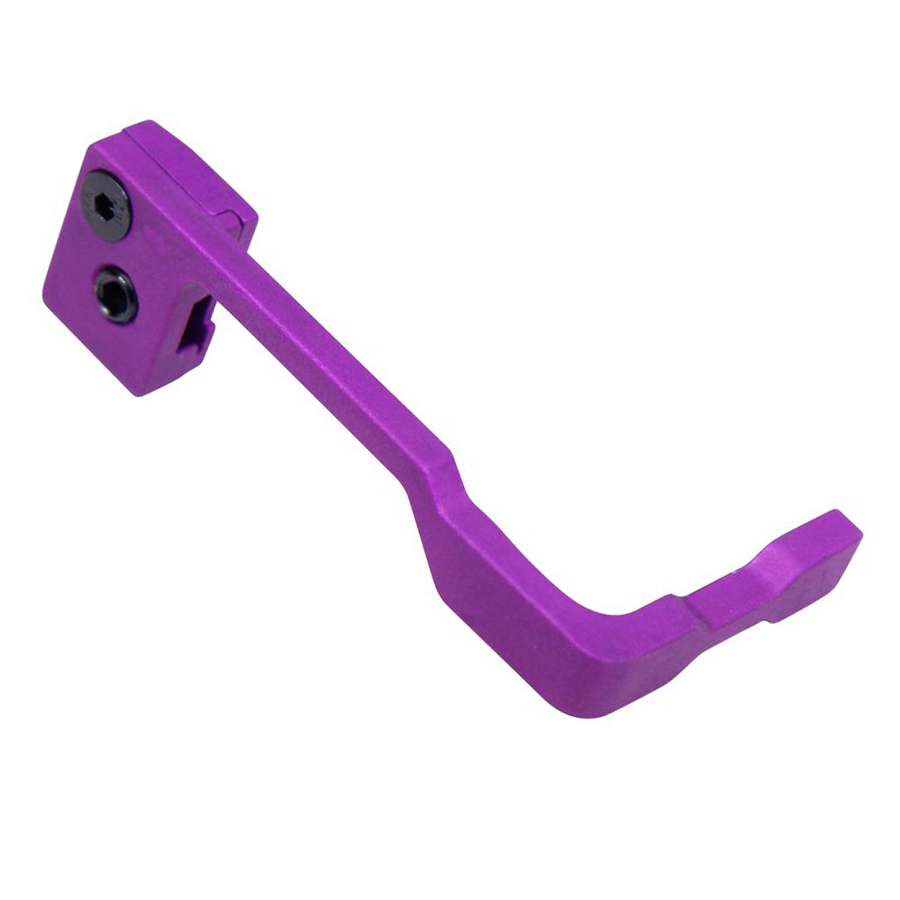 Purple anodized extended bolt catch release for AR-15 rifles.