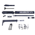 AR-15 assembly kit with upper receiver, barrel, and accessories laid out.