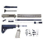 Disassembled AR-style rifle parts and components on a neutral background.