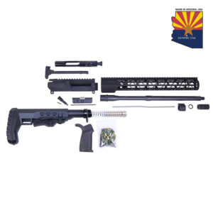 AR556 rifle kit parts displayed on white background, Made in Arizona USA.