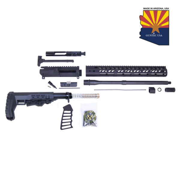 AR556 kit components for rifle assembly on white background, made in Arizona.