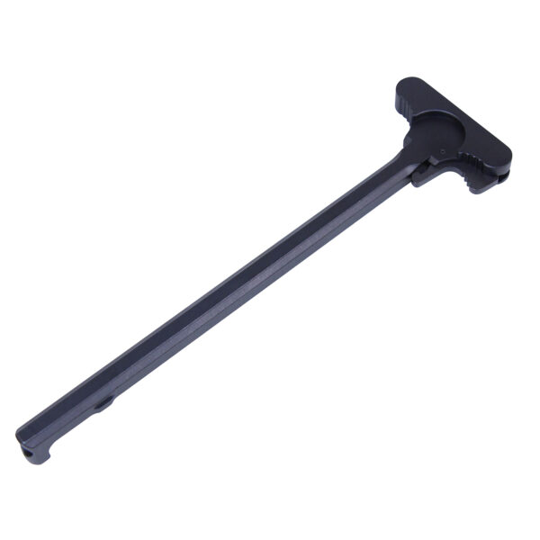 AR-15 charging handle, black anodized aluminum, ergonomic T-shaped grip, ambidextrous use.