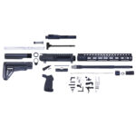 AR-15 parts kit layout for modern rifle assembly on white background.