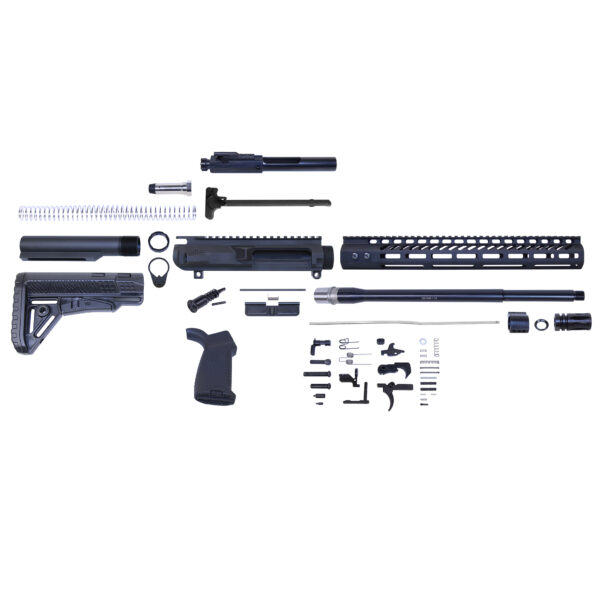 AR-15 parts kit layout for modern rifle assembly on white background.