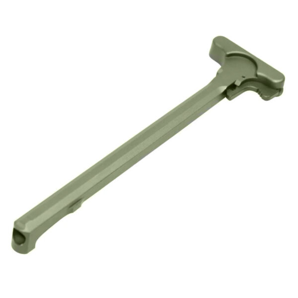 Olive drab green AR-15 charging handle on plain white background.