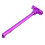 Purple T-shaped charging handle for firearm, durable material, sleek design.