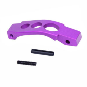 Purple mechanical component with circular cutouts and black fasteners for precision machinery.