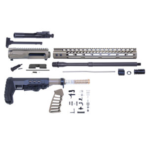 AR556 firearm assembly kit with receiver, barrel, stock, and small parts laid out.