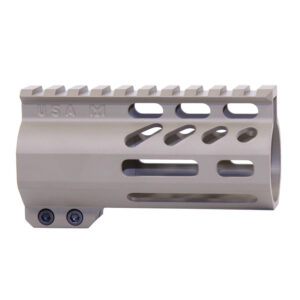 Lightweight aluminum rifle handguard with cutouts and Picatinny rail for tactical attachments.