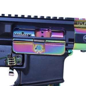 Colorful iridescent finish on rifles upper receiver and bolt carrier group.