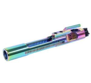 Colorful bolt carrier group with detailed design and titanium nitride finish.