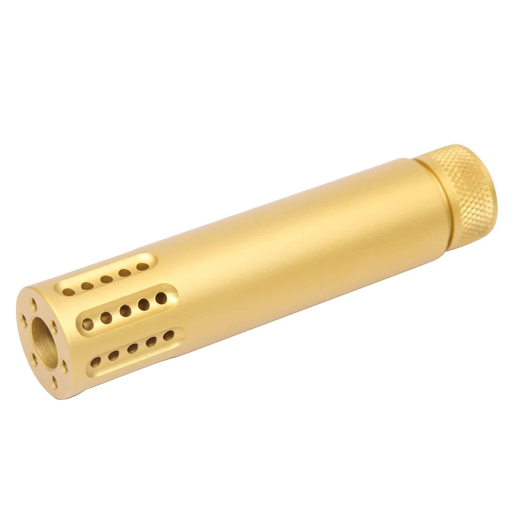gold-ar15-barrel-shroud-muzzle-brake AR-15 Cal Slip Over Barrel Shroud With Multi Port Muzzle Brake (Anodized Gold) - Image 1
