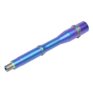 Iridescent tapered metal component with a colorful anodized finish.