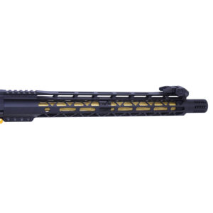 Modern rifle upper with skeletal handguard and gold barrel detail.