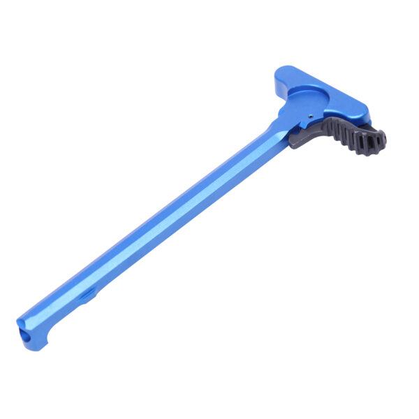 Blue ergonomic long-handled scrub brush with black bristles for effective cleaning.