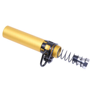 Gold cylindrical component with black bracket and metallic spring for mechanical systems.