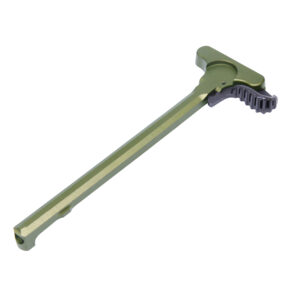 Olive green AR-15 charging handle with textured grip on white background.