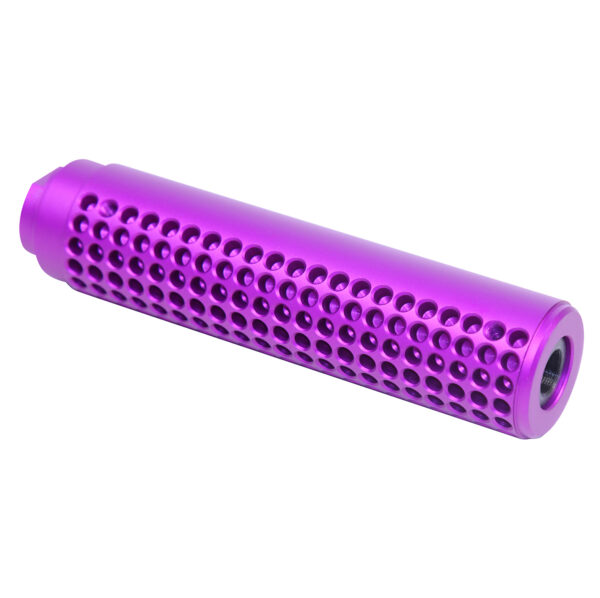 Vibrant purple cylindrical object with perforations, resembling a massage tool or fitness accessory.