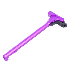 A vibrant purple ergonomic hammer with a unique, modern design and contrasting black striking surface.
