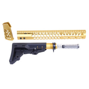 Gold AR-15 rifle components, including handguard, muzzle brake, and adjustable stock.
