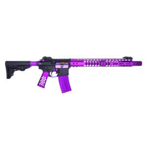 Purple and black modern tactical rifle with skeletal handguard and adjustable stock.