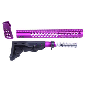 Purple anodized firearm parts with decorative cutouts and tactical stock.