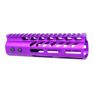 Purple aluminum rifle handguard with rail and perforated design for heat dissipation and accessory attachment.